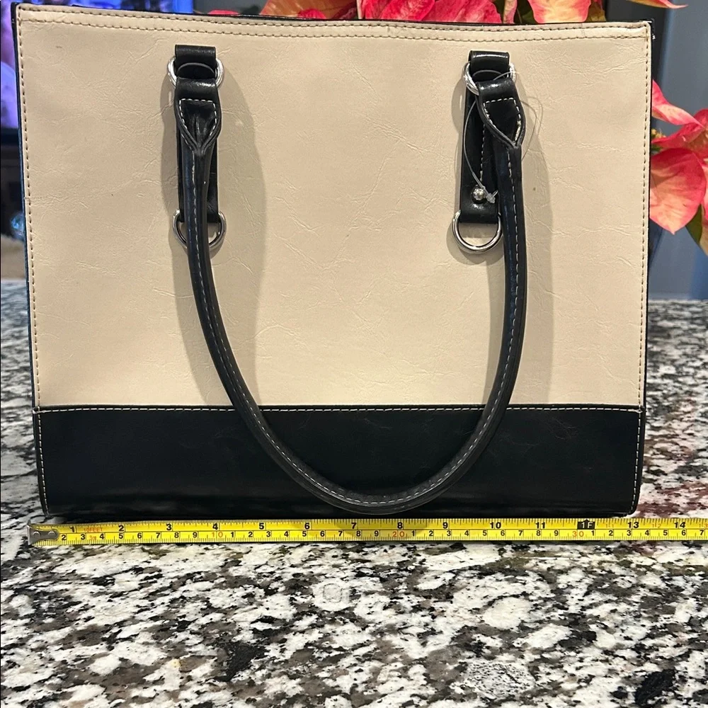 Elegant Black and Cream Women's Handbag -faux leather 3 compartments